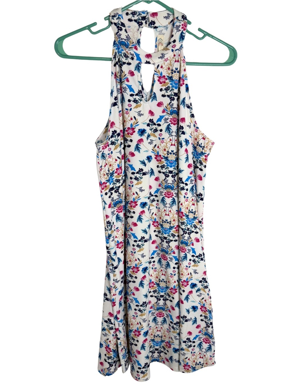 Pink Rose Sleeveless White Dress with Pink & Blue Floral Print Size Large